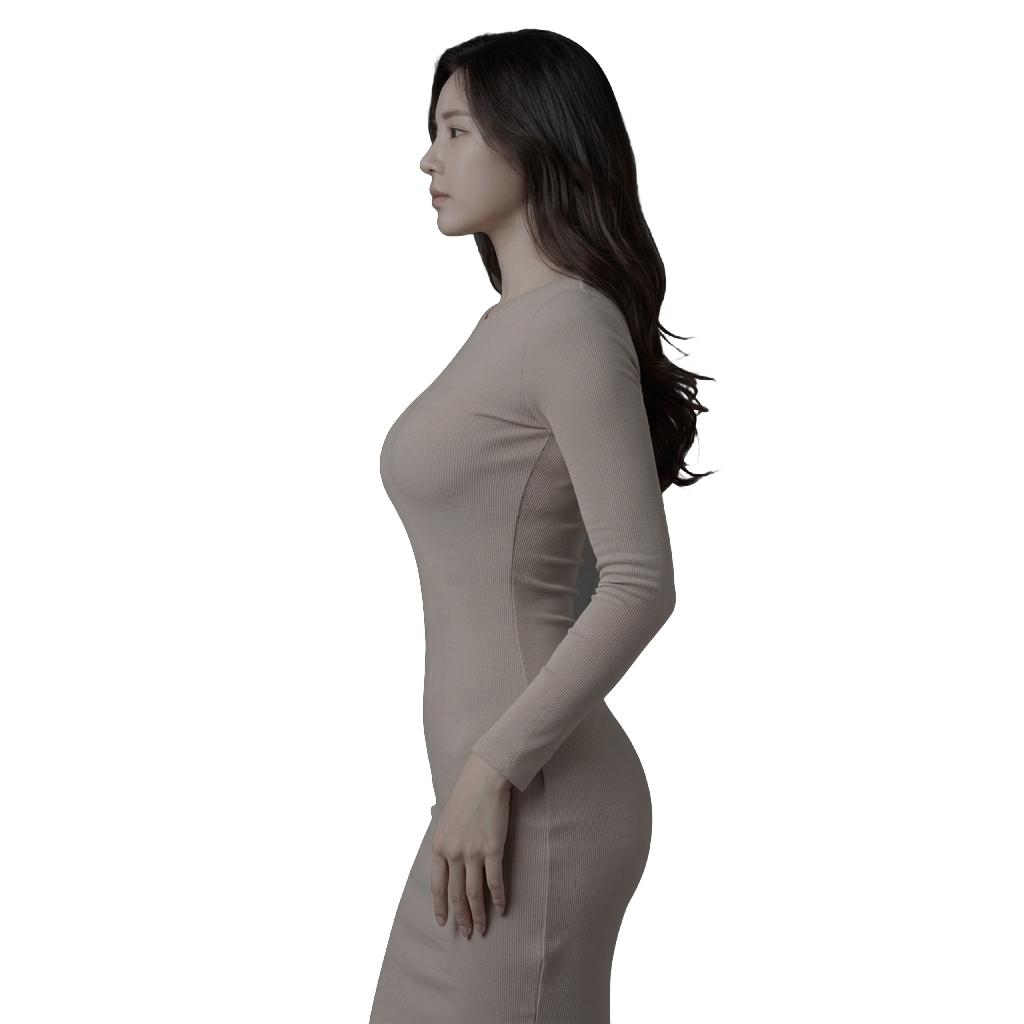 몸에 맞는 원피스의 옆모습을 보여주는 성인 패션 모델